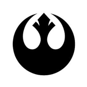 May include: Black and white symbol of the Rebel Alliance from Star Wars. The symbol is a circle with a stylized bird inside.