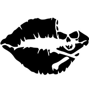May include: Black and white silhouette of a pair of lips with a skull and crossbones inside.