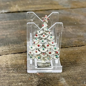 Vintage Silver Tone Christmas Tree Brooch Pin Star Colored Balls Enamel Red