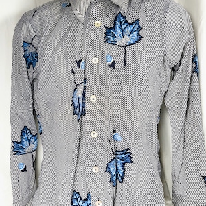 Vintage Deadstock Men&#39;s Long Sleeve Dress Shirt Deadstock Blue Leaf Retro Nylon