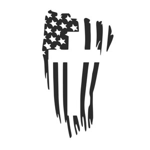 May include: A distressed American flag design in black and white, shaped like a cross.