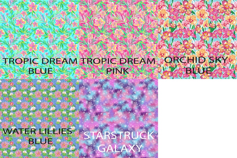 Pu&ograve; includere: Un collage di campioni di tessuto con motivi floreali e galattici. I campioni sono etichettati con nomi e colori, tra cui "Tropic Dream Blue", "Tropic Dream Pink", "Orchid Sky Blue", "Water Lilies Blue" e "Starstruck Galaxy".