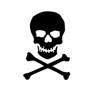 May include: A black and white skull and crossbones graphic. The skull has a simple design with two eye sockets, a nose, and a mouth.