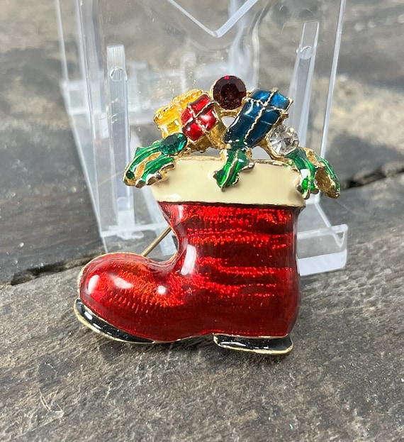 Vintage Jeweled Enamel Christmas Stocking Boot Gol