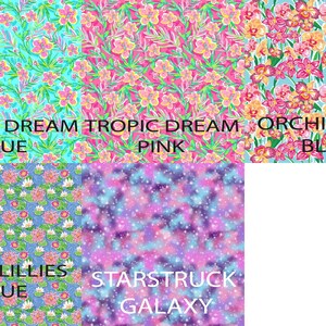 May include: A collage of fabric swatches with floral and galaxy patterns. The swatches are labeled with names and colors, including "Tropic Dream Blue", "Tropic Dream Pink", "Orchid Sky Blue", "Water Lilies Blue", and "Starstruck Galaxy".
