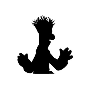 May include: Black and white silhouette of a cartoon character with spiky hair and a wide grin. The character is wearing a long-sleeved shirt and has both arms raised.