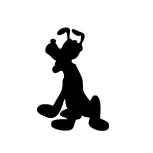 May include: Black silhouette of a cartoon dog sitting with its head tilted to the side.