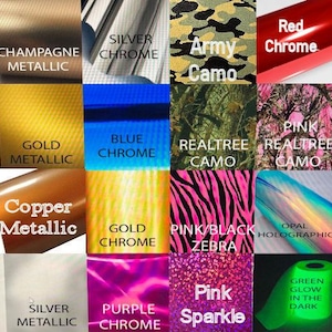 May include: A grid of sixteen adhesive vinyl sheets featuring various finishes including champagne, silver, gold, and copper metallic, red, blue, and purple chrome, army and realtree camo, pink realtree, pink zebra, opal holographic, and green glow.