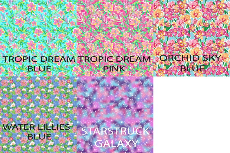 May include: A collage of five fabric patterns featuring Tropic Dream Blue with pink flowers on cyan, Tropic Dream Pink with pink flowers on magenta, Orchid Sky Blue with yellow and pink orchids, Water Lillies Blue, and Starstruck Galaxy with stars.