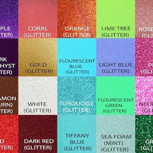 May include: A grid of twenty-eight square color swatches featuring various glitter textures. Each square is labeled with its color name, including Blue, Purple, Coral, Orange, Lime Tree, Rose Gold, Iridescent Light Blue, Black, Dark Amethyst, Gold, Flourescent Blue, Light Blue, Pink, Iridescent Neon Orange, Dark Grey, Cinnamon, White, Turquoise, Flourescent Green, Neon Pink, Silver, Red, Dark Red, Tiffany Blue, Sea Foam, and Green.