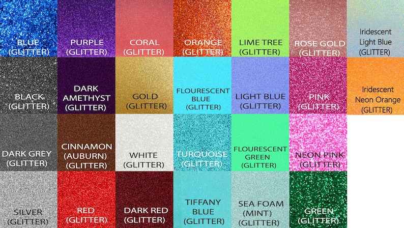 May include: A grid of twenty-eight square color swatches featuring various glitter textures. Each square is labeled with its color name, including Blue, Purple, Coral, Orange, Lime Tree, Rose Gold, Iridescent Light Blue, Black, Dark Amethyst, Gold, Flourescent Blue, Light Blue, Pink, Iridescent Neon Orange, Dark Grey, Cinnamon, White, Turquoise, Flourescent Green, Neon Pink, Silver, Red, Dark Red, Tiffany Blue, Sea Foam, and Green.
