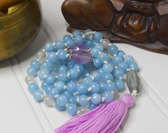 Hand-Knotted Aquamarine Mala Necklace with Amethyst Resting Beads / 108 Natural Gemstone Beads w/ Sea Glass Guru Bead and Cotton Tassel