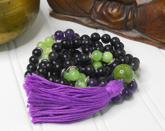 Hand-Knotted Mala Necklace of Amethyst, Green Citrine, and Rainbow Obsidian / 108 Natural Gemstone Meditation Beads w/ Cotton Tassel