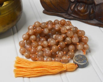 Hand-Knotted Sunstone Mala Beads Necklace / 108 Natural Gemstone (8mm) Beads w/ Ceramic Om Guru Bead and Cotton Tassel / Meditation Beads