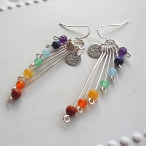 7 Chakra Earrings with Dainty Lotus Charm / Simple Graduated Chakra Gemstone Dangle Earrings / Chakra Jewelry / Yoga Style / Energy Healing