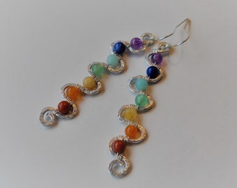 Kundalini Rising Earrings / Chakra Balancing Earrings / Full Set Chakra Gemstone Beads Wire-Wrapped on Hammered Metal Kundalini Earrings
