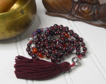 Petite Garnet Mala Necklace / 108 Garnet Mala Beads (6mm) Hand-Knotted on Cotton Cord w/ Tibetan Silver Guru Bead & Chakra Accent Beads