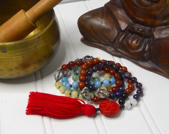 Petite Mala Beads of Chakra Balancing Gemstones / Natural Gemstone Beads (6mm) Hand-Knotted on Cotton Cord with Cinnabar Guru Bead & Tassel