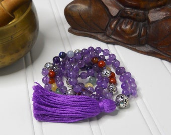 Petite Amethyst Mala Necklace / 108 Amethyst Mala Beads (6mm) Hand-Knotted on Cotton Cord w/ Tibetan Silver Guru Bead & Chakra Accent Beads