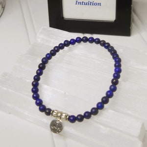 Petite Lapis Lazuli Chakra Bracelet / Stretch Beaded (4mm) Lapis Lazuli Bracelet w/Lotus Charm / Third Eye Chakra Balancing ~ INTUITION