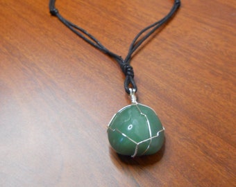 Large Aventurine Pendant / Simple Wire Wrapped Aventurine on Black Cord Necklace / Heart Chakra Balancing / Energy Healing