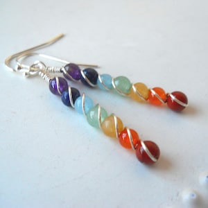 Petite Spiral Wrapped Chakra Gemstone Earrings / 7 Chakra Gemstone (4mm) Beaded Earrings / Energy Healing/ Sterling Silver Hooks