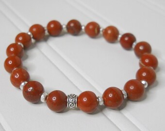 Red Jasper Stretch Beaded Bracelet with Silver Accents ~ Root Chakra Healing