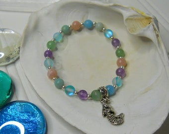 Mermaid and Natural Gemstone Stretch Bracelet / Beachy Bracelet / 6mm Ocean Color Gemstone Beads w/ Silver Mermaid Charm / Energy Healing