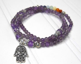 Mini Mala Triple Wrap Amethyst Bracelet w/ Hamsa Charm / Natural Amethyst Bead (4mm) Wrap Bracelet or Necklace / Yoga Jewelry / Crown Chakra