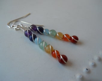 Petite Full Set Chakra Gemstone Wire Wrapped Beaded Earrings / Chakra Gemstone Earrings / Chakra Jewelry / Yoga Jewelry / Energy Healing