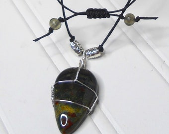 Natural Bloodstone Pendant on Black Cord Choker  / Root Chakra Balancing ~ SECURITY / Adjustable Cord Necklace