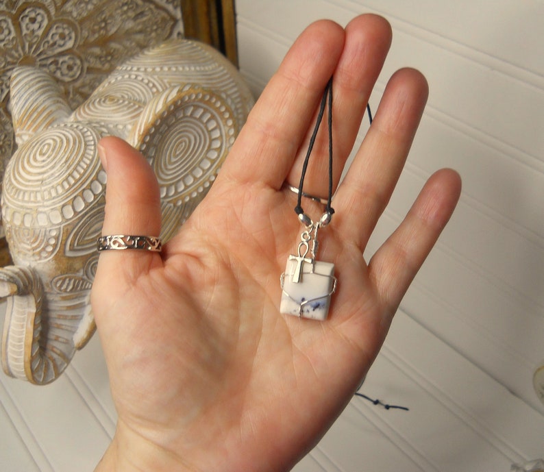 Natural White Dendritic Opal Square Pendant w/ Ankh Charm on Black Cord Choker / Crown Chakra Balancing SPIRITUALITY / Adjustable Length image 7