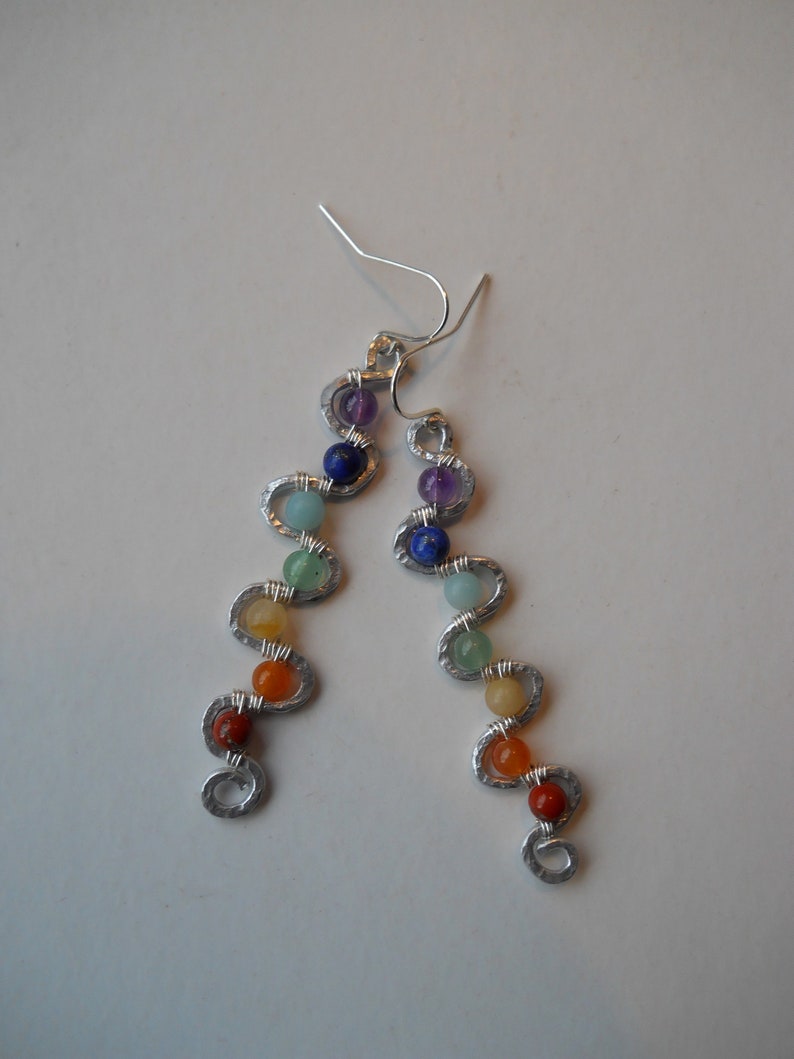 Kundalini Rising Earrings / Chakra Balancing Earrings / Full Set Chakra Gemstone Beads Wire-Wrapped on Hammered Metal Kundalini Earrings image 4