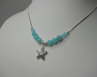 Starfish and Aquamarine Necklace / Beachy Necklace / Natural Aquamarine Beads on Silver Chain with Silver Starfish Charm / Energy Healing