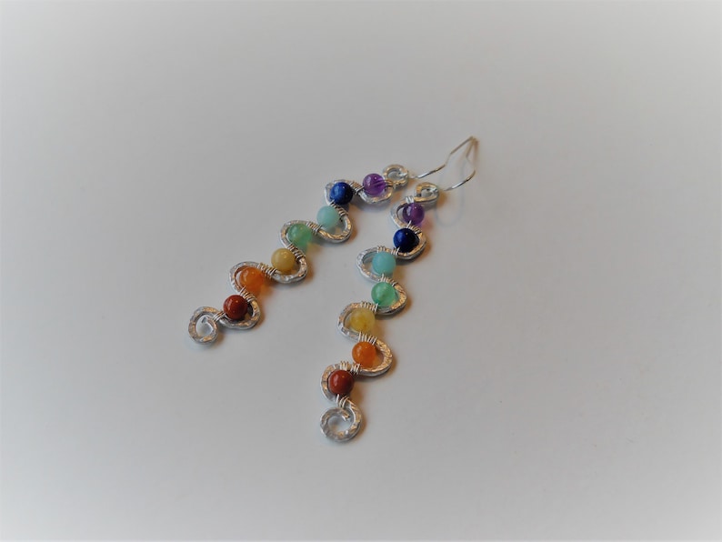 Kundalini Rising Earrings / Chakra Balancing Earrings / Full Set Chakra Gemstone Beads Wire-Wrapped on Hammered Metal Kundalini Earrings image 1