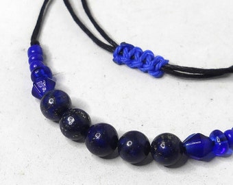Lapis Lazuli Choker / Adjustable Length Cotton Cord Choker Necklace with Natural Gemstone 6mm Beads / Summer Necklace / Beachy Choker