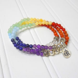 Mini Mala Triple Wrap Chakra Bracelet with Om Charm / 108 Chakra Gemstone Beads (4mm) Bracelet or Necklace / Yoga Jewelry / Chakra Necklace