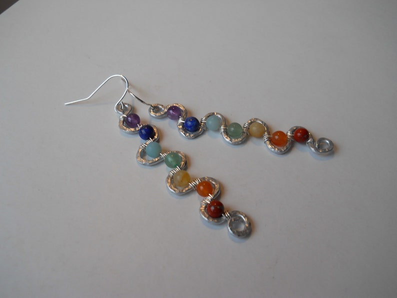Kundalini Rising Earrings / Chakra Balancing Earrings / Full Set Chakra Gemstone Beads Wire-Wrapped on Hammered Metal Kundalini Earrings image 5