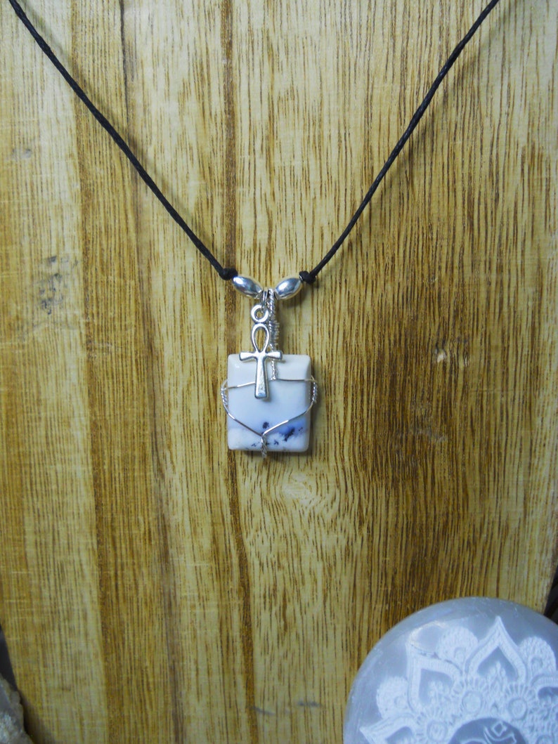 Natural White Dendritic Opal Square Pendant w/ Ankh Charm on Black Cord Choker / Crown Chakra Balancing SPIRITUALITY / Adjustable Length image 4