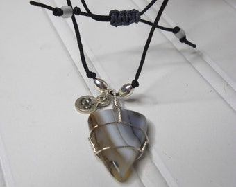 Natural Banded Agate Pendant with Om Charm on Black Cord Choker  / Root Chakra Balancing ~ SECURITY / Adjustable Cord Necklace