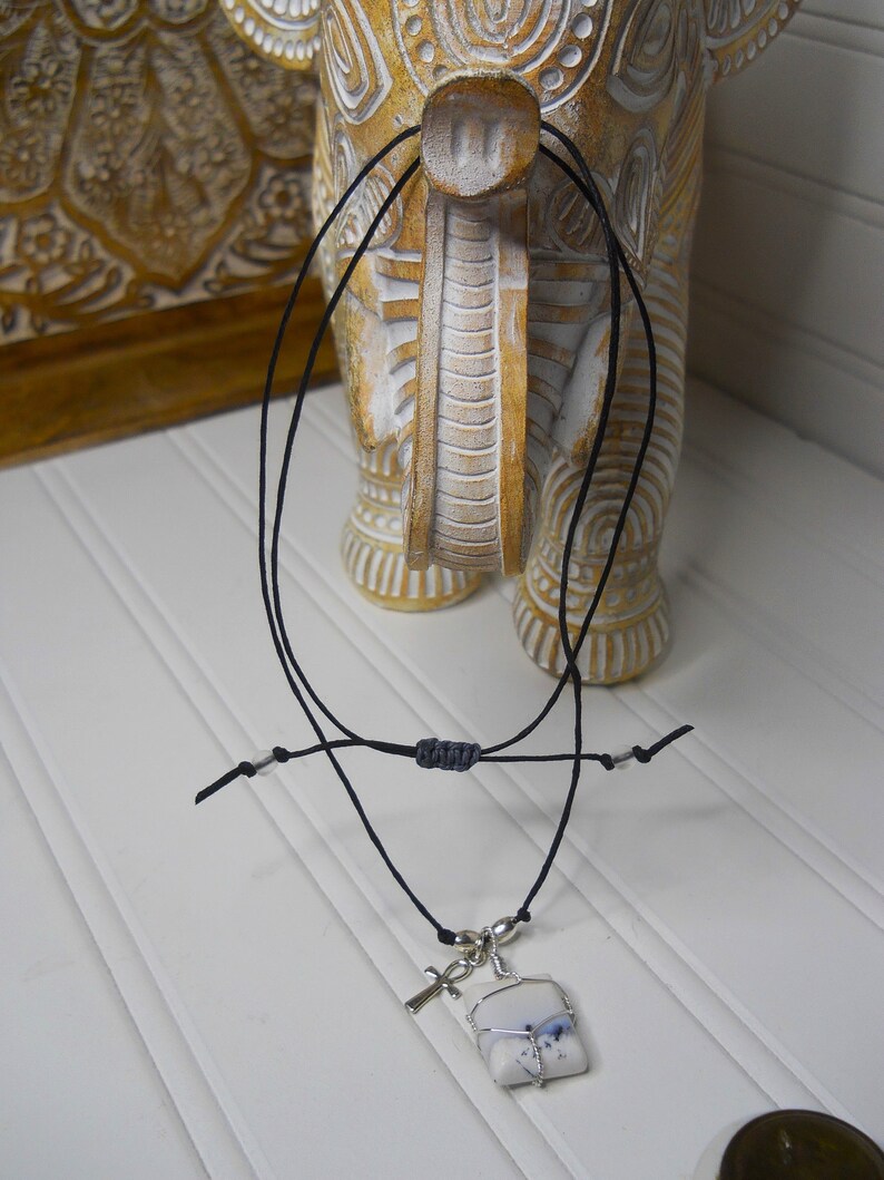 Natural White Dendritic Opal Square Pendant w/ Ankh Charm on Black Cord Choker / Crown Chakra Balancing SPIRITUALITY / Adjustable Length image 6