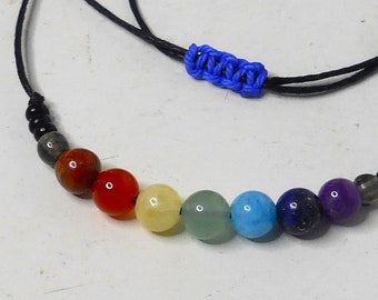 Chakra Beaded Choker / Adjustable Length Cotton Cord Choker Chakra Necklace with Natural Gemstone 6mm Beads / Chakra Balancing Necklace