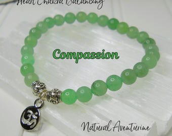 Aventurine Stretch Bracelet / Natural Aventurine Beads (6mm) Chakra Bracelet w/ Silver Om Charm / Heart Chakra Balancing ~ LOVE/COMPASSION