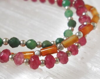 Set of 3 Natural Gemstone Stacking Bracelets / Delicate Gemstone Stretch Bracelets in Vibrant Jewel Tone Colors / COMPASSION & CREATIVITY