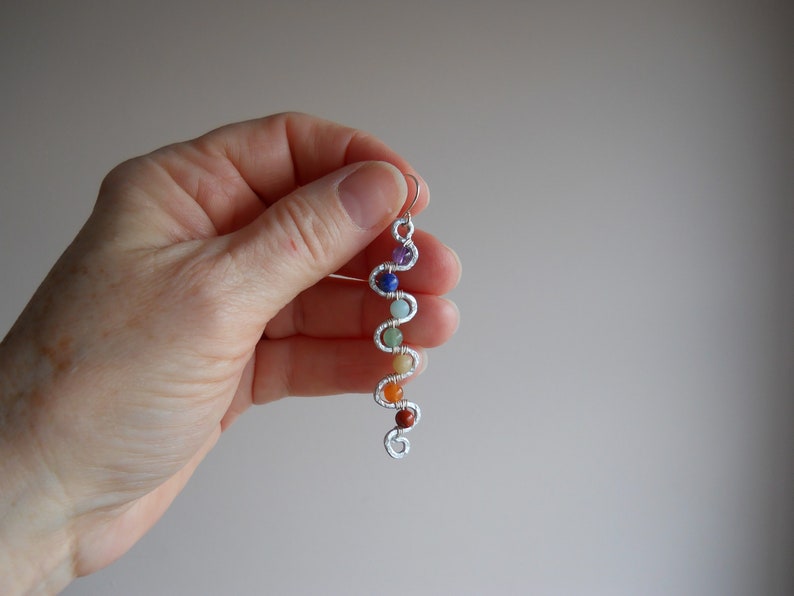 Kundalini Rising Earrings / Chakra Balancing Earrings / Full Set Chakra Gemstone Beads Wire-Wrapped on Hammered Metal Kundalini Earrings image 7