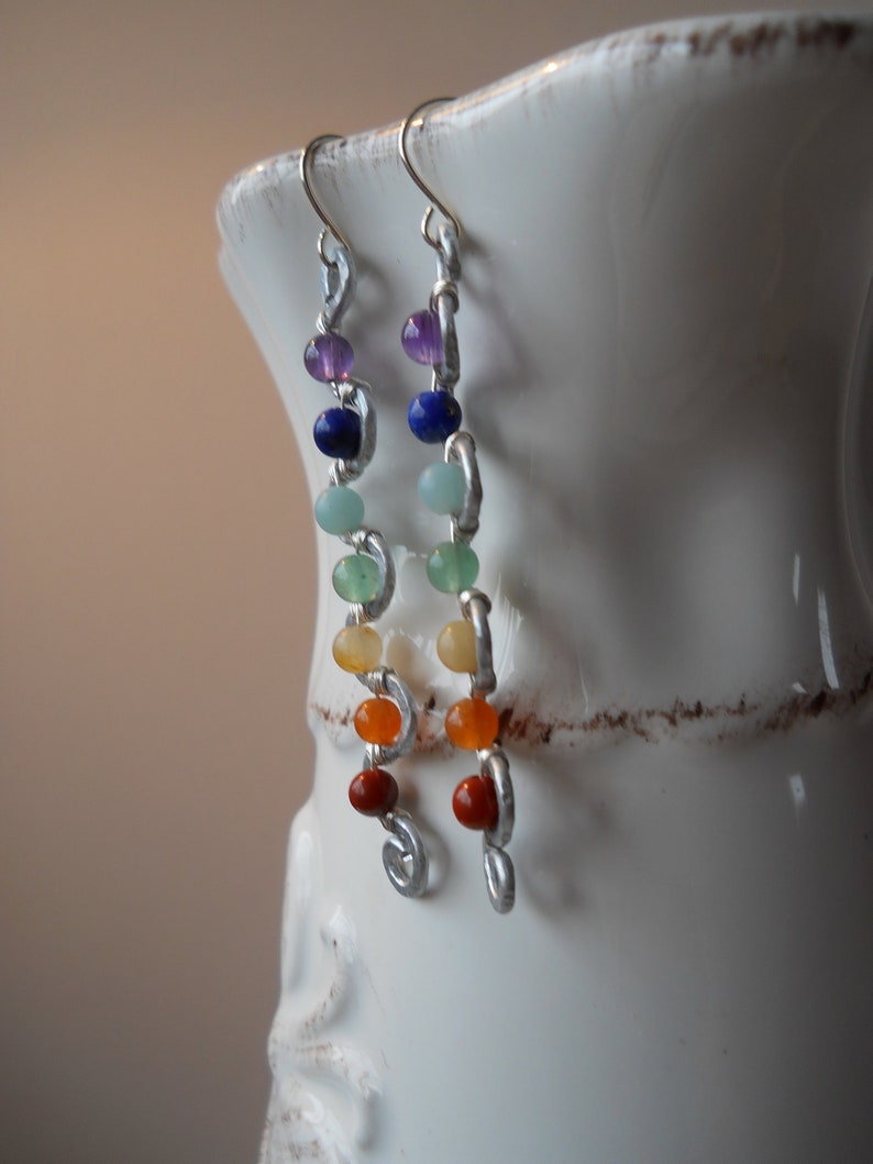 Kundalini Rising Earrings / Chakra Balancing Earrings / Full Set Chakra Gemstone Beads Wire-Wrapped on Hammered Metal Kundalini Earrings image 3