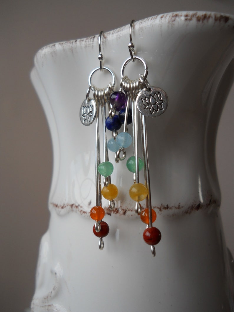 7 Chakra Earrings with Dainty Lotus Charm / Simple Graduated Chakra Gemstone Dangle Earrings / Chakra Jewelry / Yoga Style / Energy Healing image 5