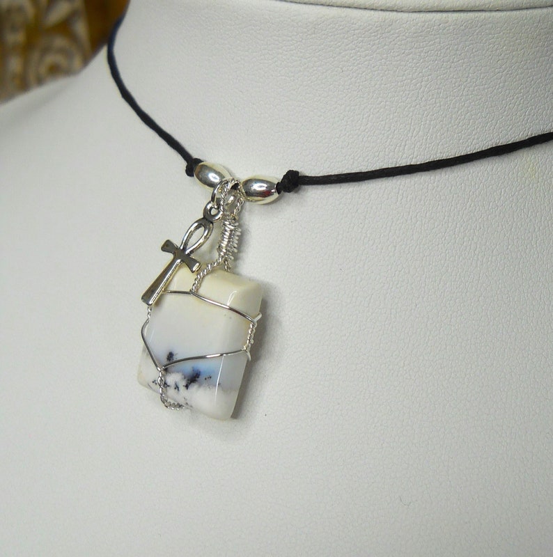 Natural White Dendritic Opal Square Pendant w/ Ankh Charm on Black Cord Choker / Crown Chakra Balancing SPIRITUALITY / Adjustable Length image 3