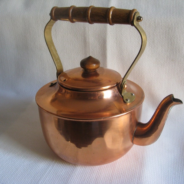 Copper Tea Kettle Teapot Wood Handle Tin Lined