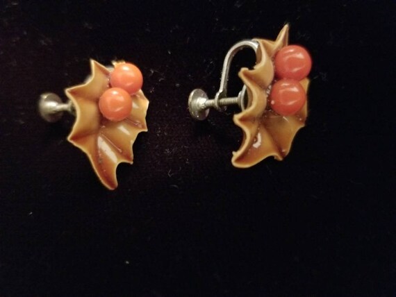 Sweet Holly Red Berry Earrings Screw Backs, Porcel